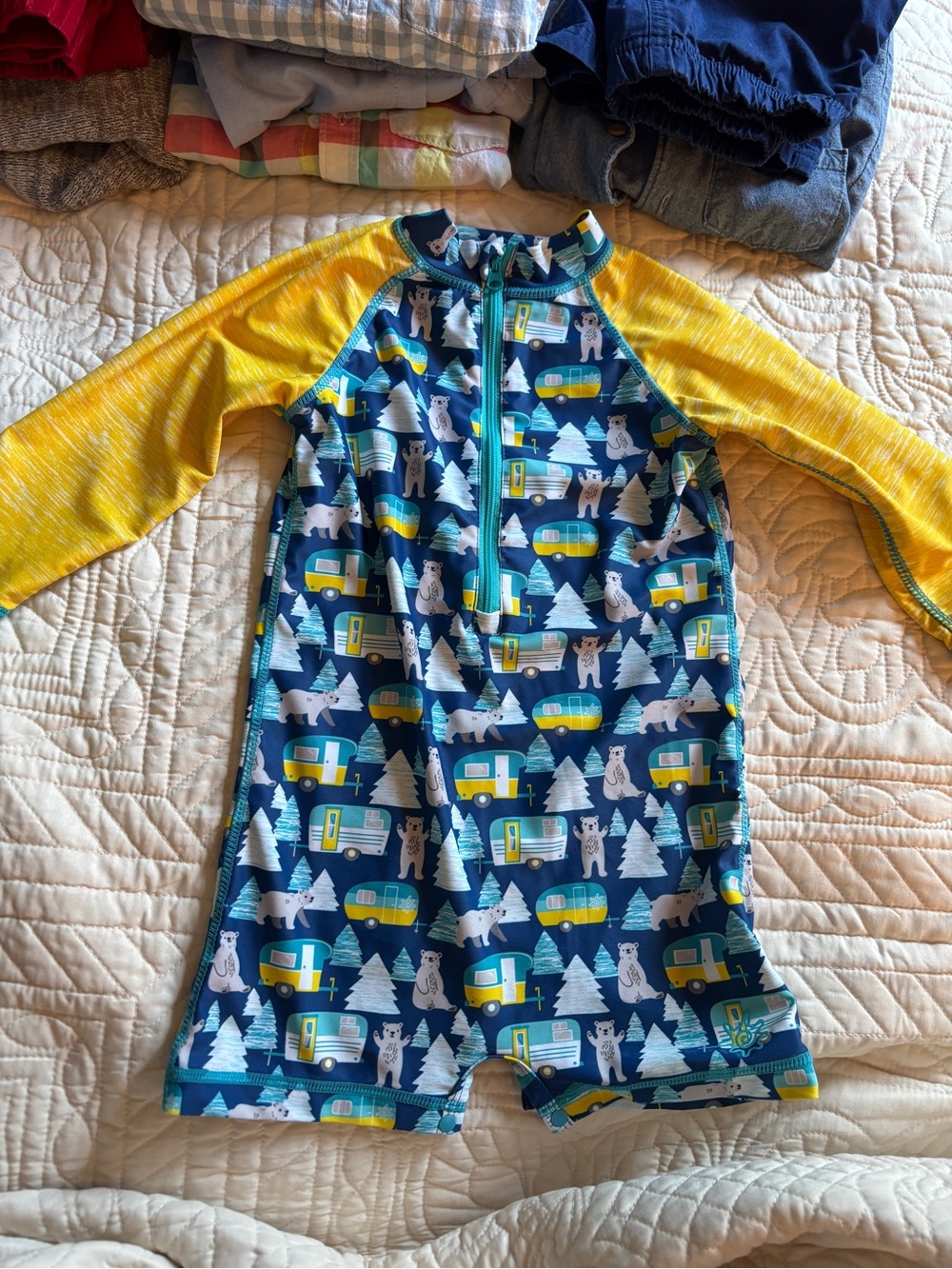 Kids' Long-Sleeve One-Piece Swimsuit - Navy & Yellow Polar Bear Camper Print
